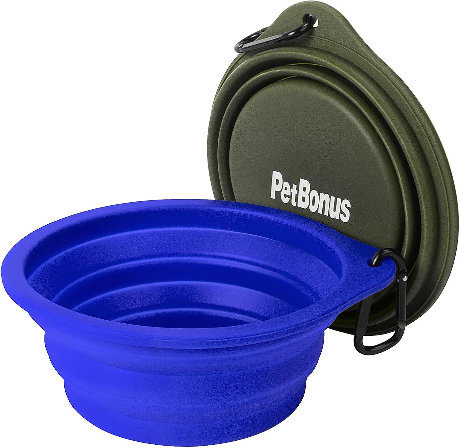 2-Pack BPA-Free Silicone Collapsible Dog Bowls - Portable, Foldable, Dishwasher Safe Travel Feeding Dishes for Dogs and Cats with 2 Carabiners (Army Green, Blue)