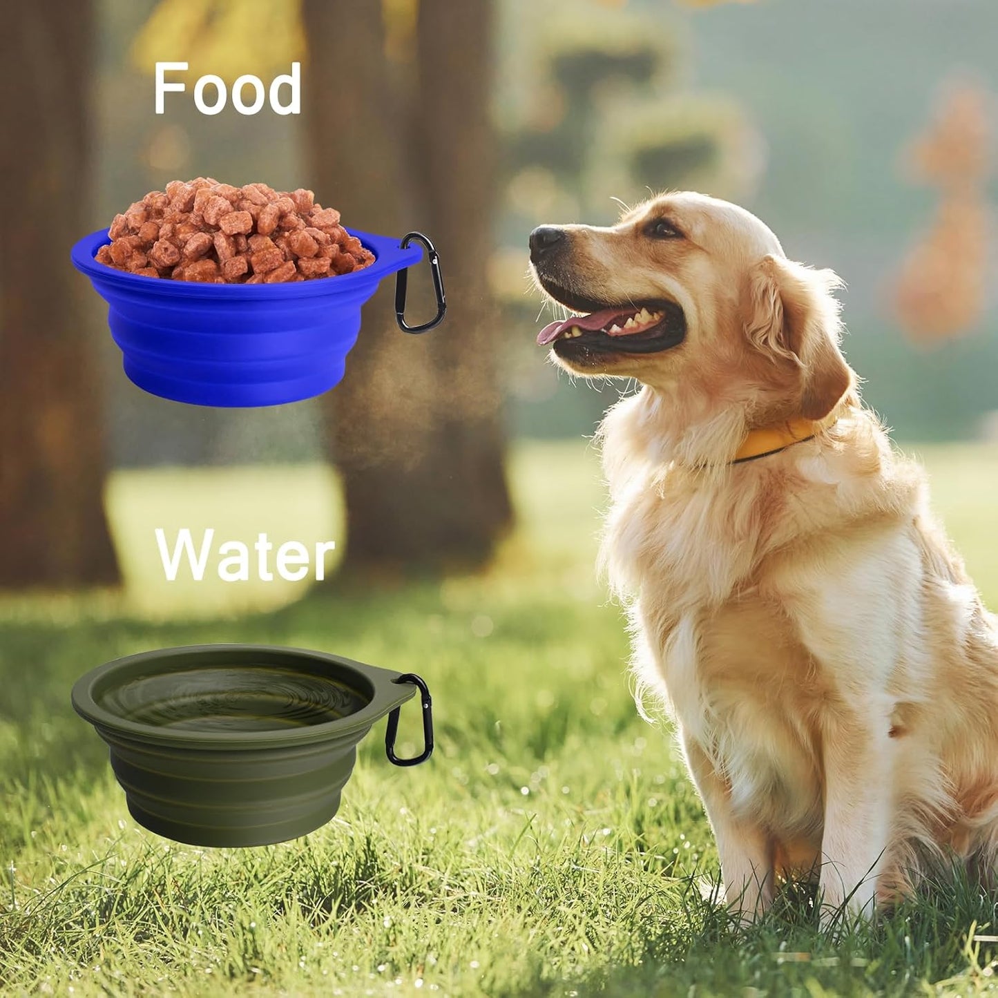 2-Pack BPA-Free Silicone Collapsible Dog Bowls - Portable, Foldable, Dishwasher Safe Travel Feeding Dishes for Dogs and Cats with 2 Carabiners (Army Green, Blue)