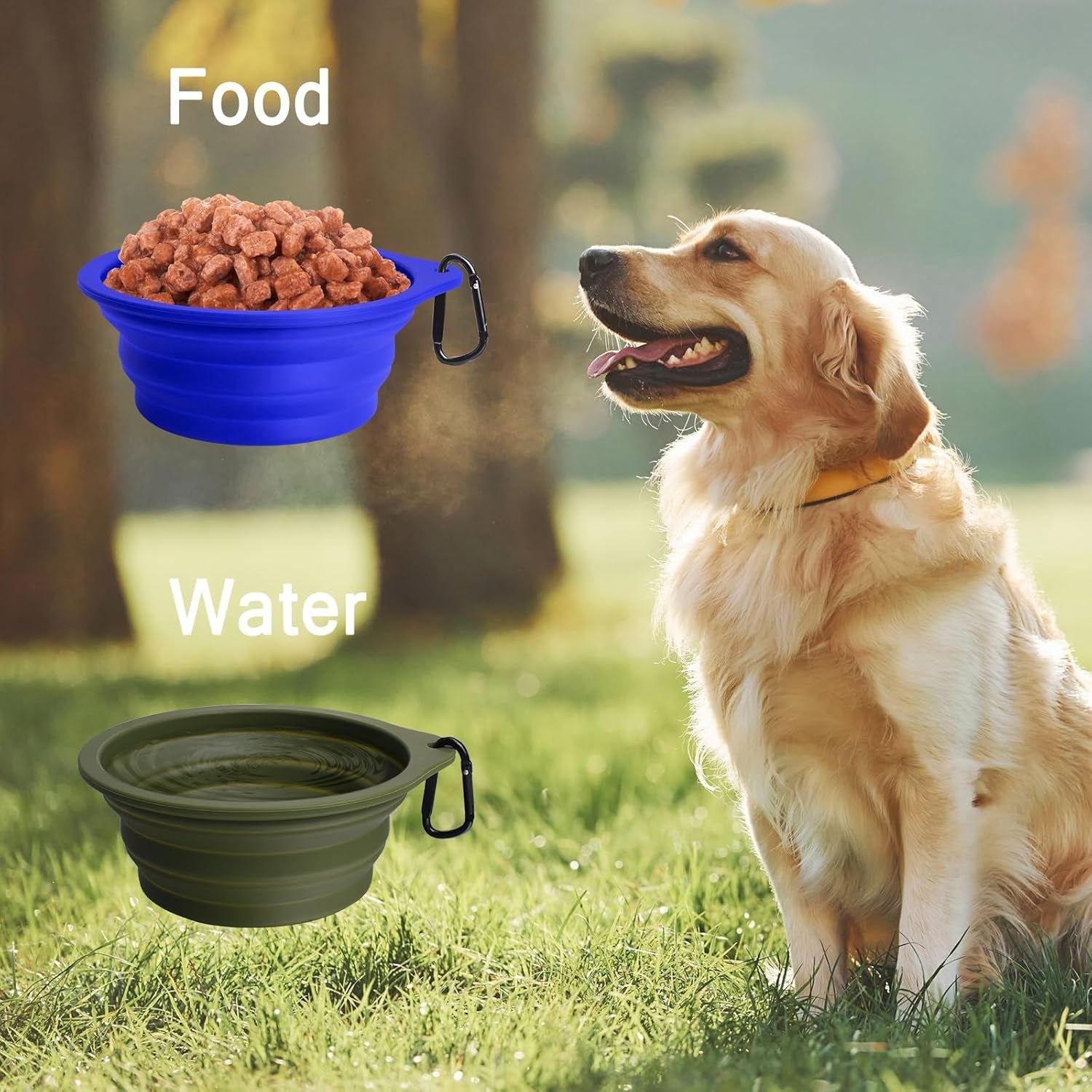 2-Pack BPA-Free Silicone Collapsible Dog Bowls - Portable, Foldable, Dishwasher Safe Travel Feeding Dishes for Dogs and Cats with 2 Carabiners (Army Green, Blue)