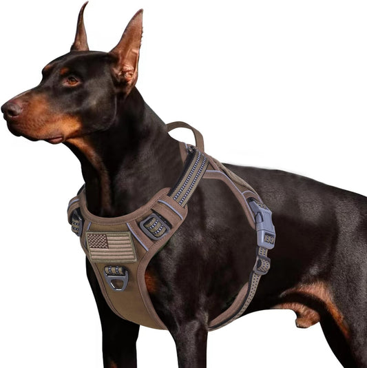 Tactical No-Pull Dog Harness for Large Breeds, Adjustable Reflective Vest with Handle for Training and Walking, Brown, Size L