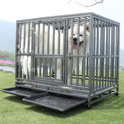 42-Inch Heavy-Duty Metal Dog Cage Pet Kennel with Wheels, I-Shape Design, Silver Finish