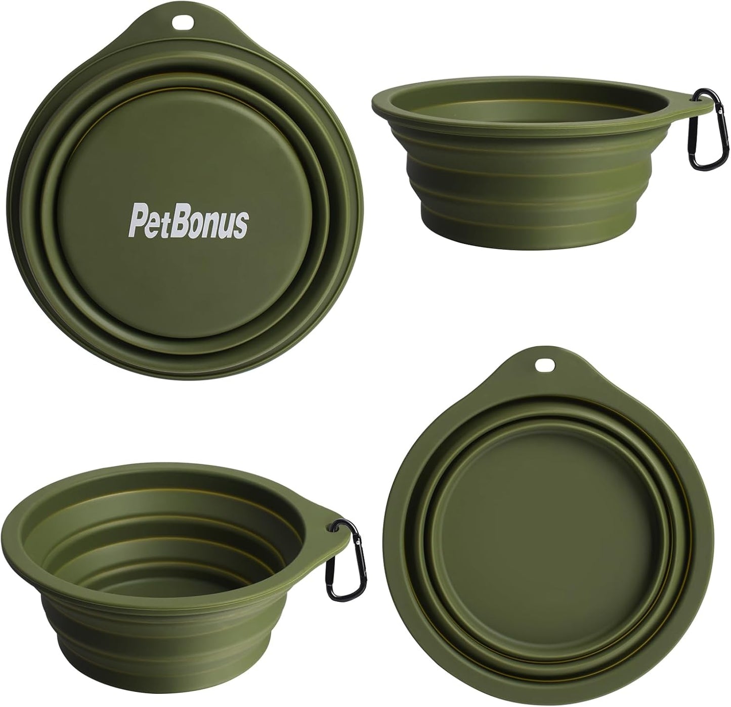 2-Pack BPA-Free Silicone Collapsible Dog Bowls - Portable, Foldable, Dishwasher Safe Travel Feeding Dishes for Dogs and Cats with 2 Carabiners (Army Green, Blue)