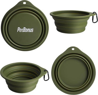2-Pack BPA-Free Silicone Collapsible Dog Bowls - Portable, Foldable, Dishwasher Safe Travel Feeding Dishes for Dogs and Cats with 2 Carabiners (Army Green, Blue)