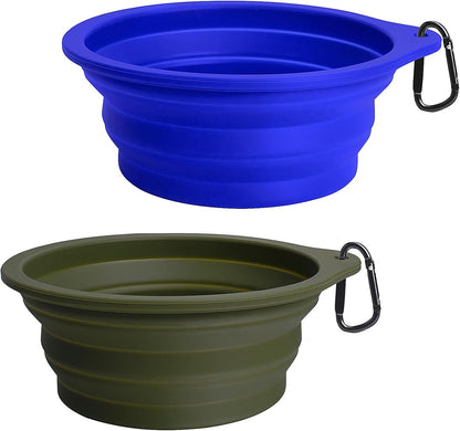 2-Pack BPA-Free Silicone Collapsible Dog Bowls - Portable, Foldable, Dishwasher Safe Travel Feeding Dishes for Dogs and Cats with 2 Carabiners (Army Green, Blue)