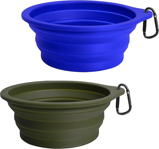 2-Pack BPA-Free Silicone Collapsible Dog Bowls - Portable, Foldable, Dishwasher Safe Travel Feeding Dishes for Dogs and Cats with 2 Carabiners (Army Green, Blue)