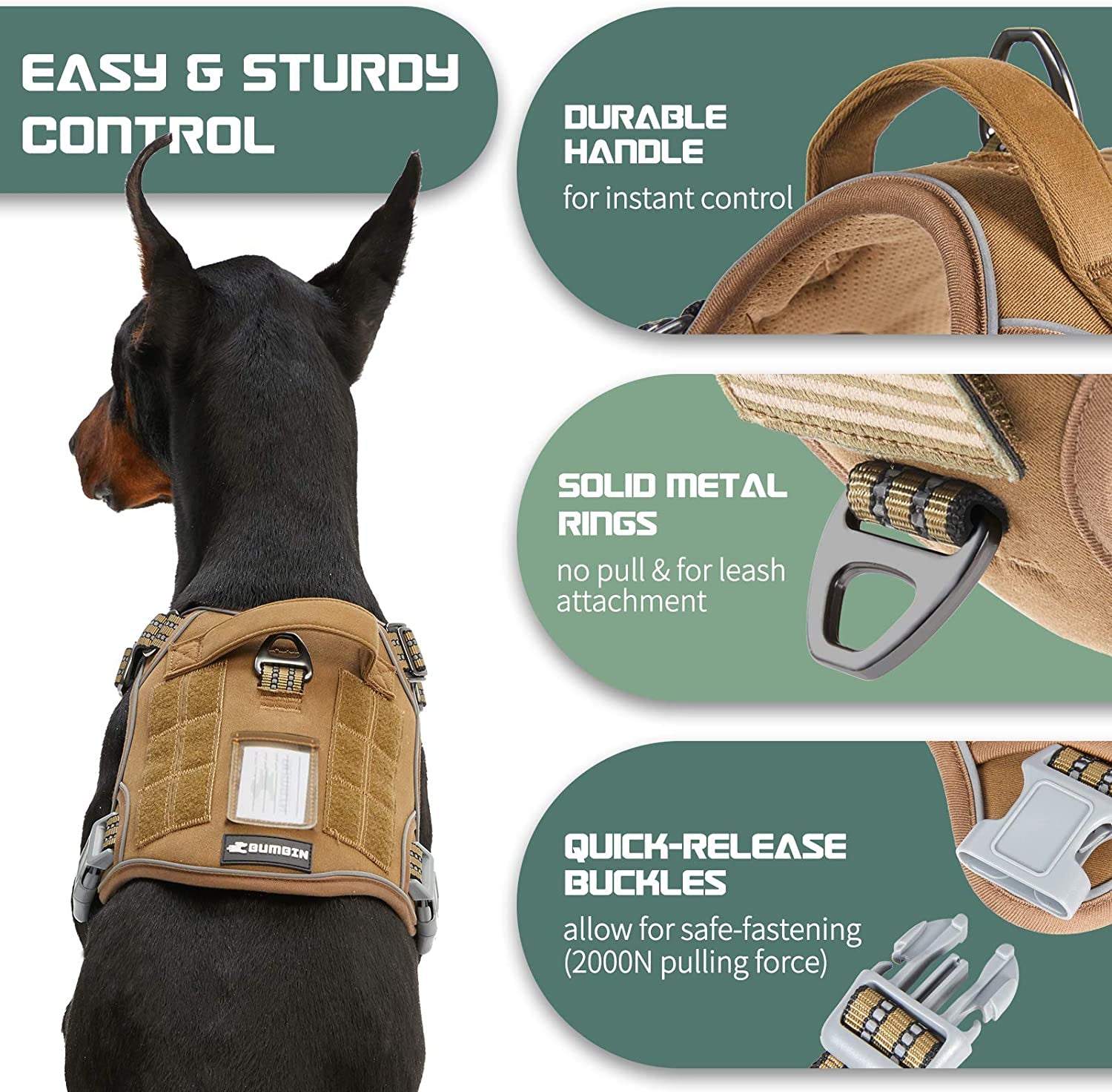Tactical No-Pull Dog Harness for Large Breeds, Adjustable Reflective Vest with Handle for Training and Walking, Brown, Size L
