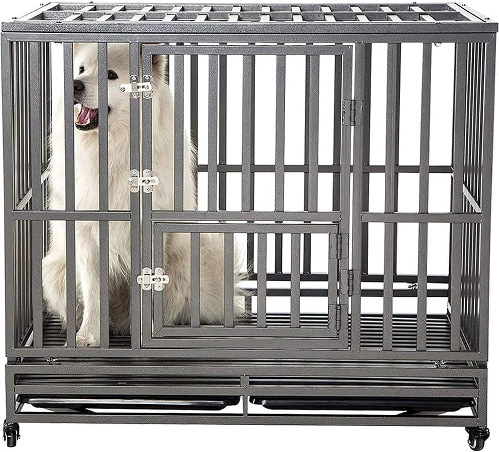 42-Inch Heavy-Duty Metal Dog Cage Pet Kennel with Wheels, I-Shape Design, Silver Finish