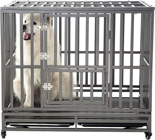 42-Inch Heavy-Duty Metal Dog Cage Pet Kennel with Wheels, I-Shape Design, Silver Finish