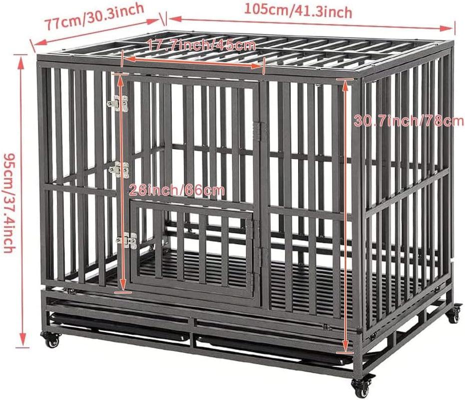 42-Inch Heavy-Duty Metal Dog Cage Pet Kennel with Wheels, I-Shape Design, Silver Finish