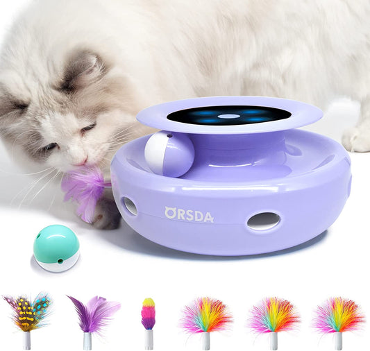 2-in-1 Interactive Cat Toys for Indoor Use, Automatic Cat Toy Balls and Mice with Feather Attachments, Dual Power Supply, Adjustable Speed, Auto On/Off Functionality