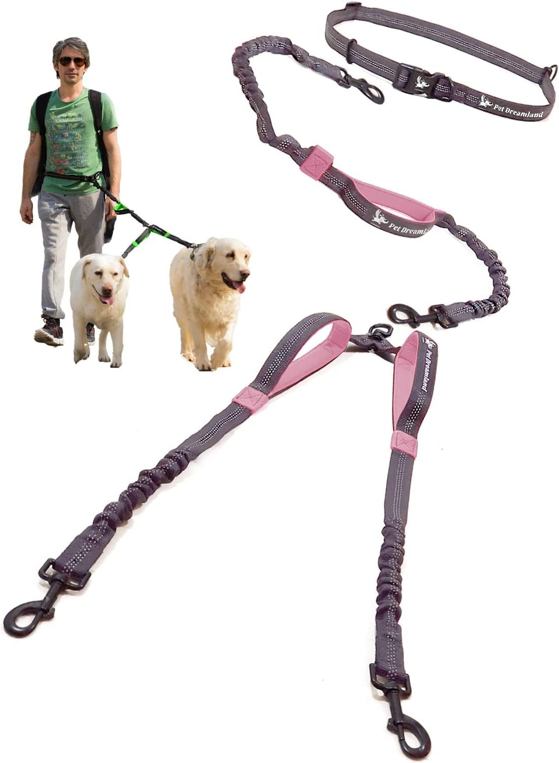 Premium Hands-Free Dual Dog Leash for Large Breeds - Innovative Waist Leash for Tangle-Free Walking of Two Dogs (Dark Grey & Pink)