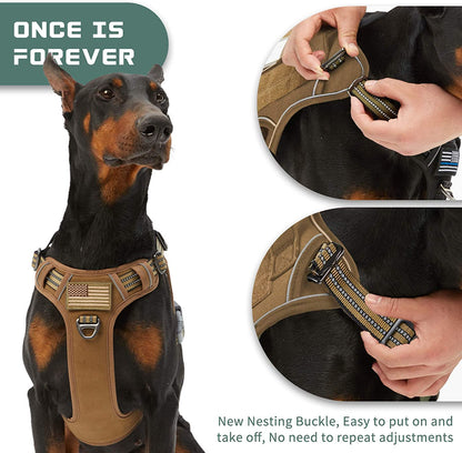 Tactical No-Pull Dog Harness for Large Breeds, Adjustable Reflective Vest with Handle for Training and Walking, Brown, Size L